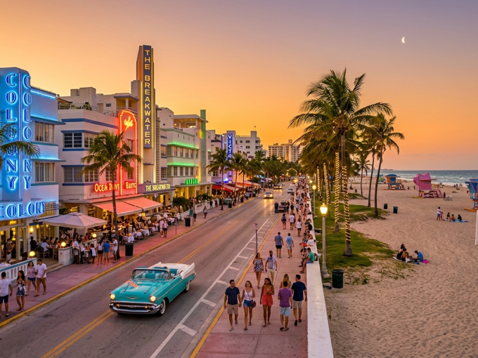 Atardecer en Ocean Drive Miami con luces de neón y autos clásicos.
