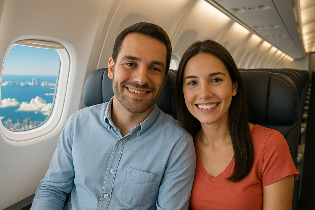 Pareja viajando al exterior para celebrar el dia de la madre Pareja viajando al exterior para celebrar el dia de la madre