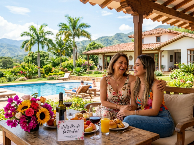 Madre e hija celebrando el día de la madre en una finca con piscina en Melgar, Colombia.